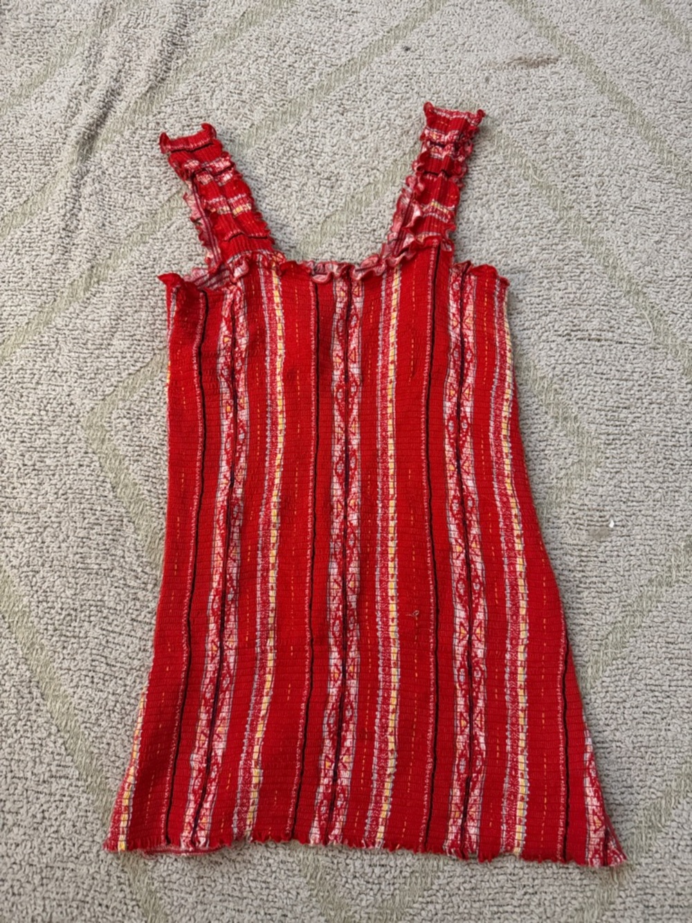 Versona Smocked Mini Dress Red Stripe Ruffle Strap XS